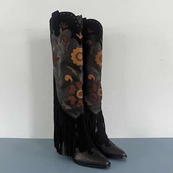 NWT Spell Sannah Fringe Onyx Black Leather Suede Western Tall Boots - Picture 7 of 16